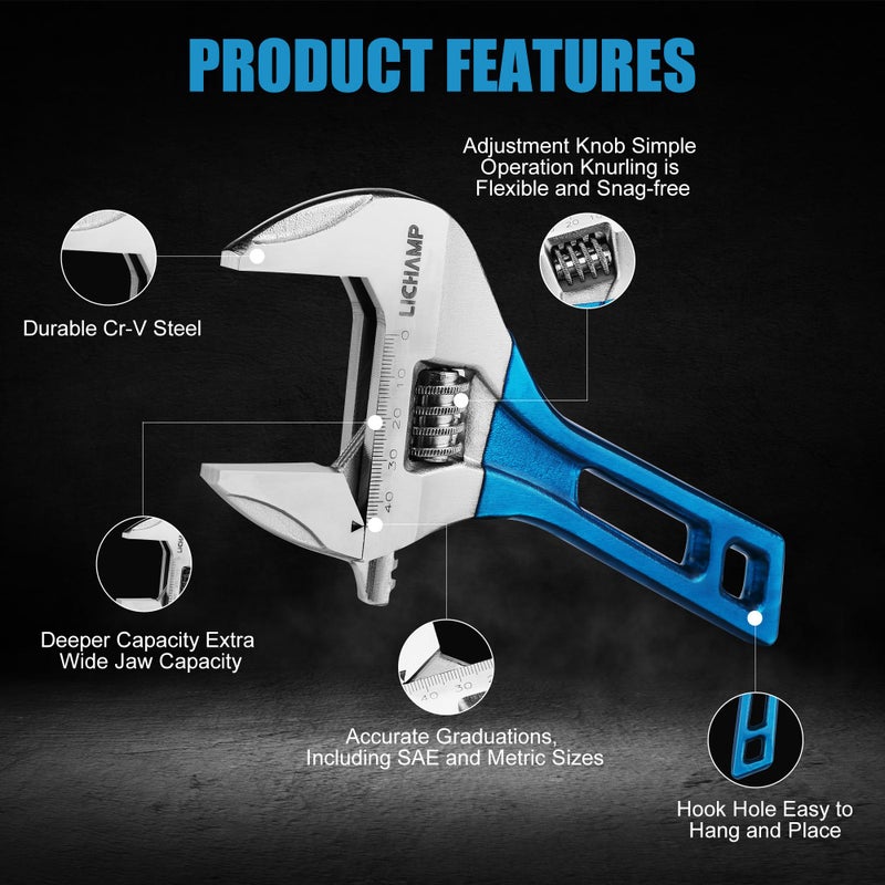 Lichamp 8-Inch Stubby Adjustable Wrench with 44 mm Wide Jaw Opening for Plumbing Automotive and Industry Tight Spaces Work - Image 3
